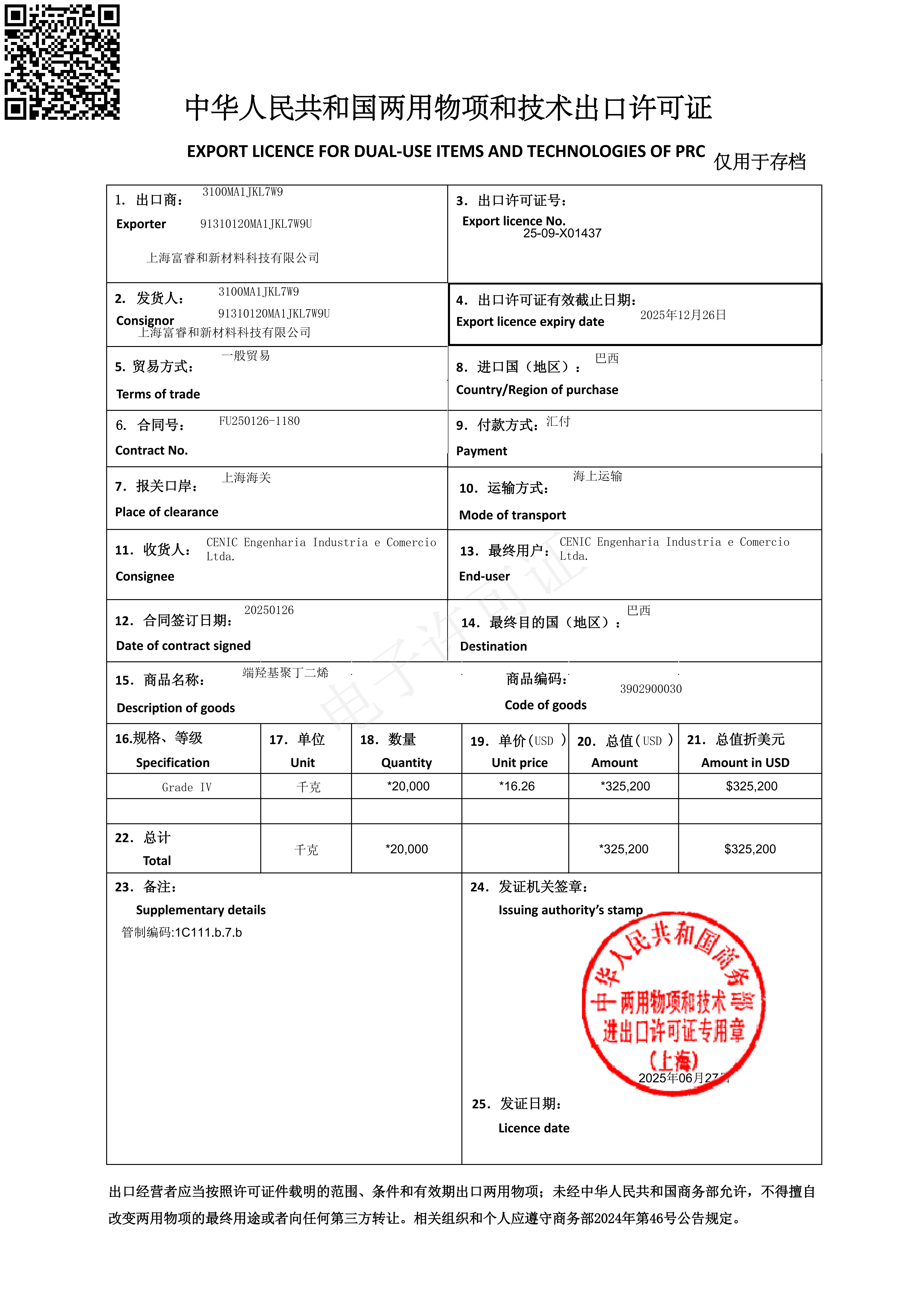 Exportlicentie voor HTPB (hydroxyl-getermineerd polybutadieen)